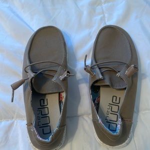 Hey dudes size women’s 8 worn once as they run large so we’re too big for me